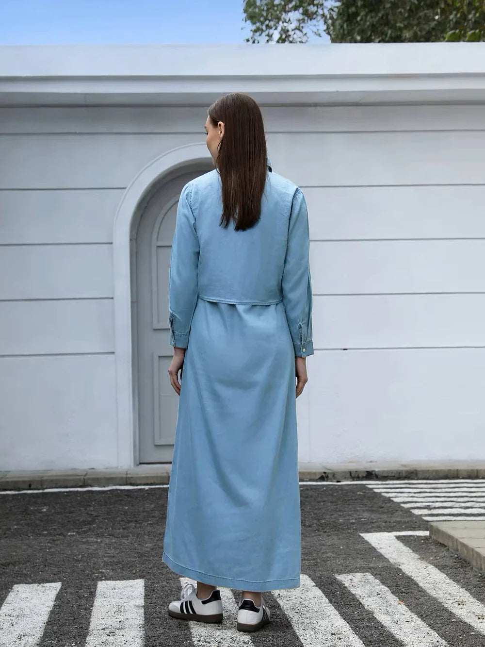 Women Lightweight Denim Wrap Blouse & Slip Dress Set