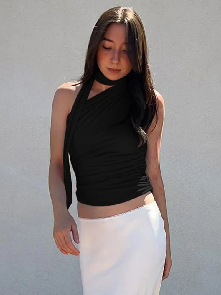 Backless Off-Shoulder Halter Crop Tank Top