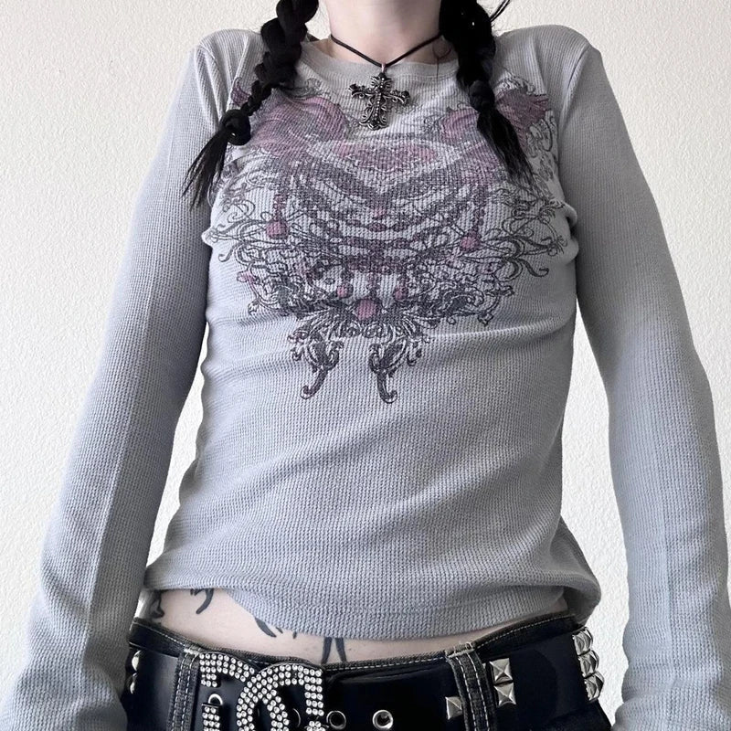 Goth Thermal T-shirt Skulls Graphic Print Long Sleeve Pullovers Tops Women 90s Vintage Aesthetic Tees