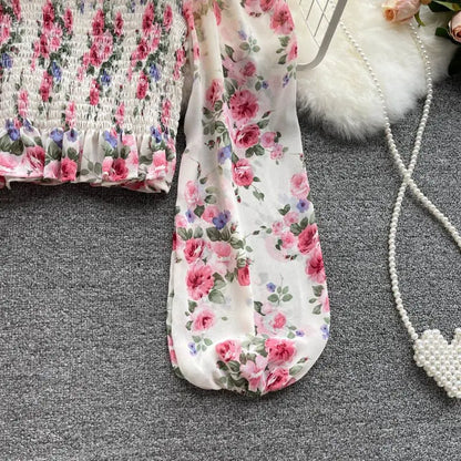 Pink Floral Chiffon Blouse Women Square Collar Lantern Sleeve Korean Fashion
