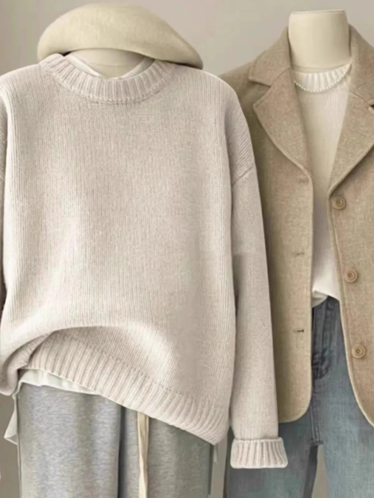 Round Neck Cashmere Sweater Long Sleeve Loose Fit Pullover