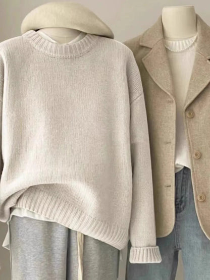 Round Neck Cashmere Sweater Long Sleeve Loose Fit Pullover