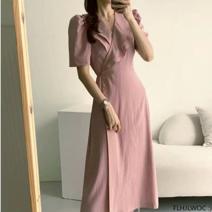 Women Retro Vintage Ruffles Midi Dress Japan Style Lace-Up V-Neck Short Sleeve Dress