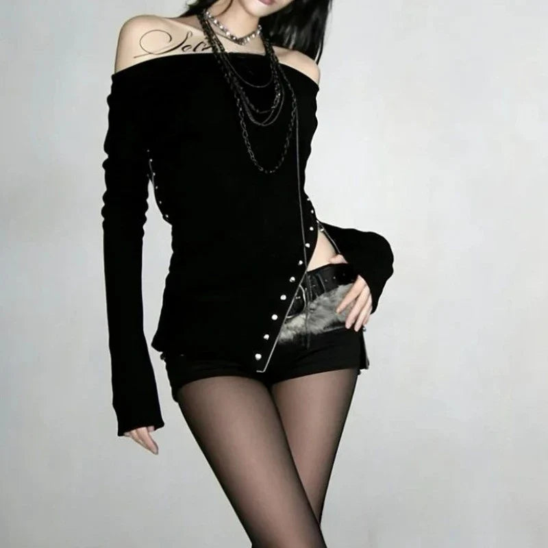 Y2K Gothic Women's Long-Sleeve T-Shirt Sexy Slim Fit Chic Slash Neck Zipper Design Crop Top Rock Punk Hip Hop Women's Streetwear