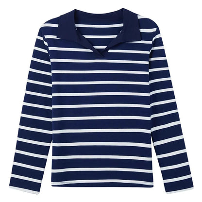 Women's Striped T-Shirt - Korean O-Neck Long Sleeve Patchwork Top