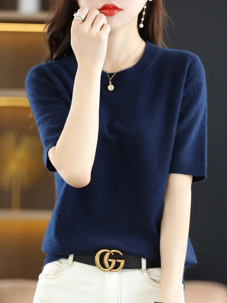 Round Neck Short Sleeve Knit Top Regular Fit Pullover