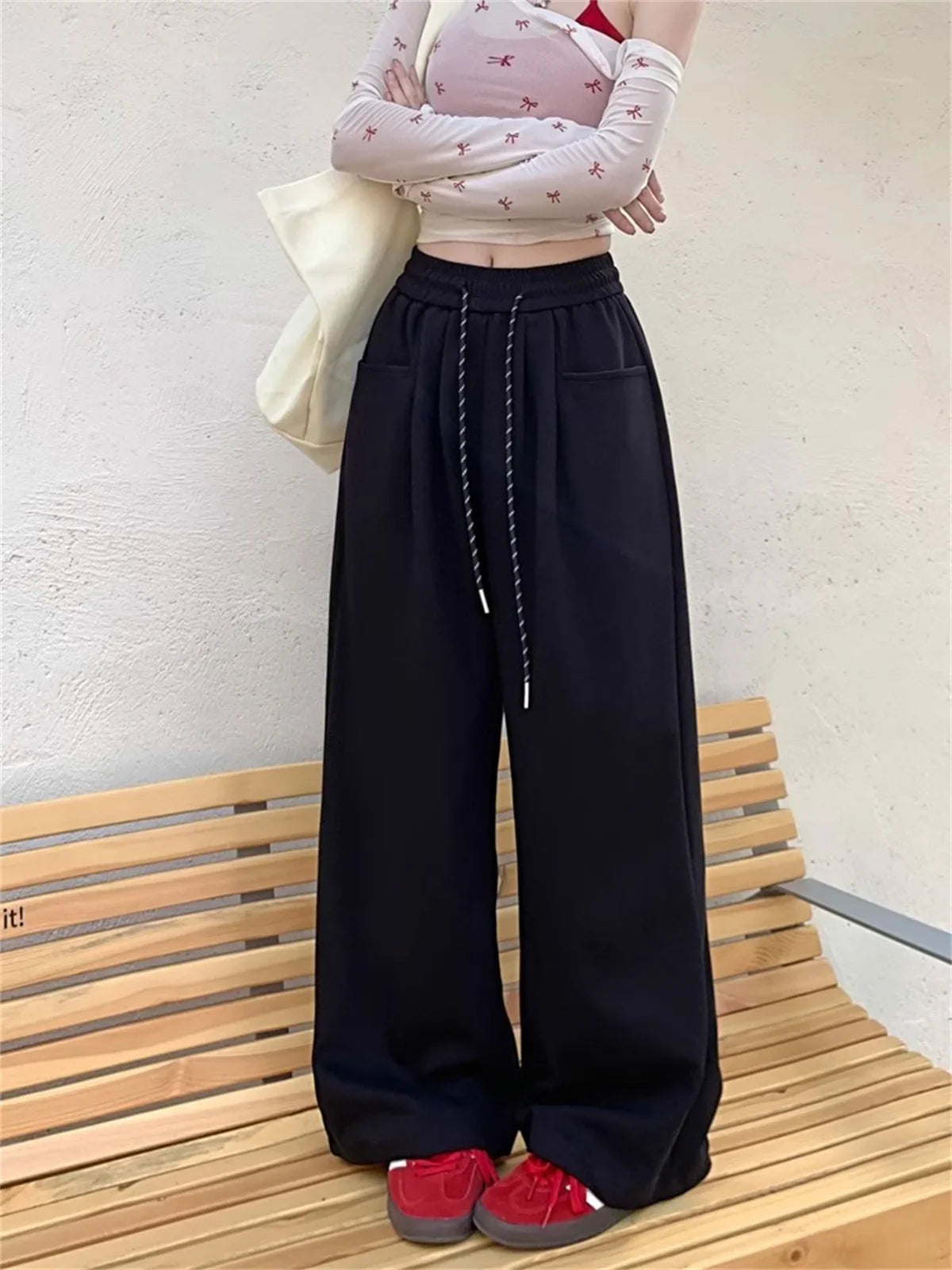 High Waist Straight Wide Leg Pants Loose Fit Pockets Elastic Waist