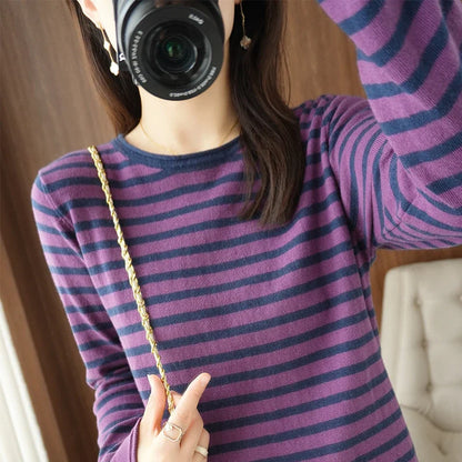 Round Neck Striped Cotton Sweater Long Sleeve Regular Fit Pullover