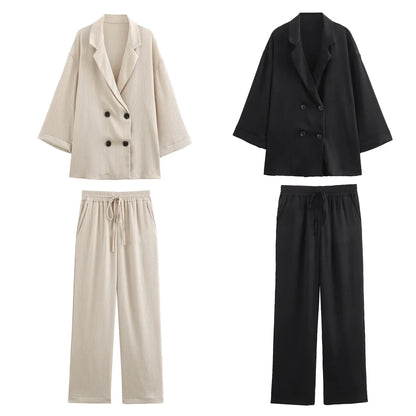 Turn-Down Collar Double-Breasted Blazer & Pants Set