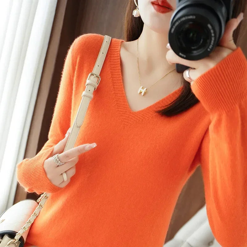 V-Neck Knit Sweater Long Sleeve Slim Fit Pullover