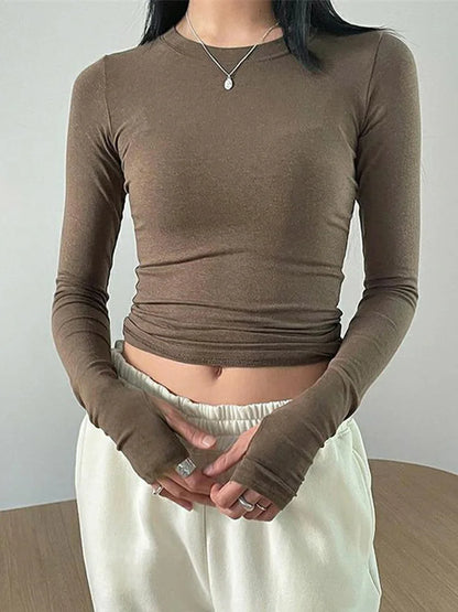 Women Casual Slim Fit Long Sleeve O-Neck T-shirts Tops Spring Fall Solid Color Tees with Thumb Holes Streetwear
