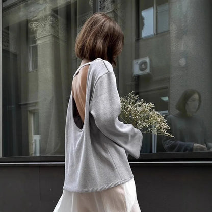 Round Neck Backless Knit Sweater Long Sleeve Loose Fit Hollow-Out