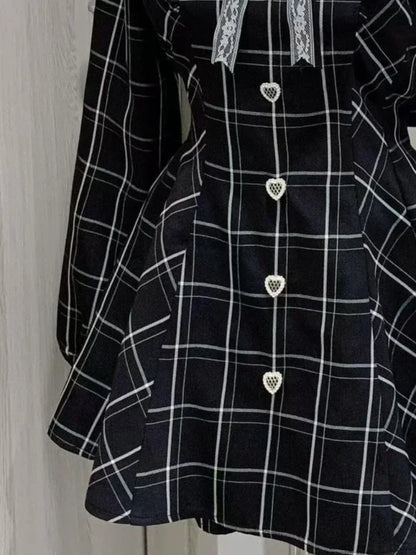 Japanese Lace Plaid Dress Kawaii Grunge Ruffled Long Sleeve Y2K JK Lolita
