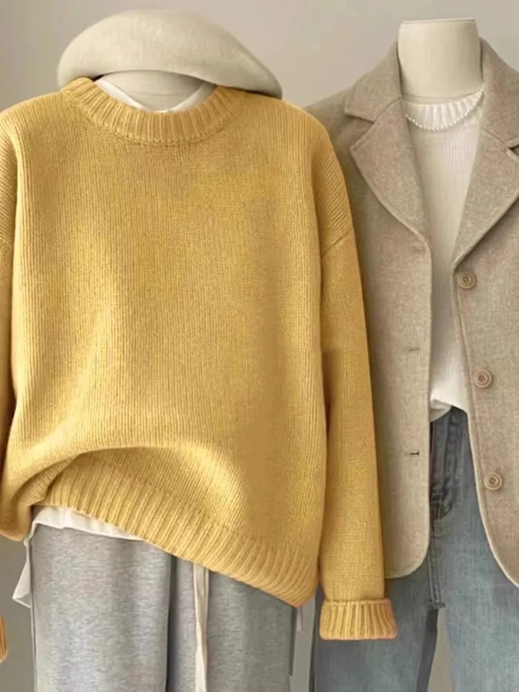 Round Neck Cashmere Sweater Long Sleeve Loose Fit Pullover