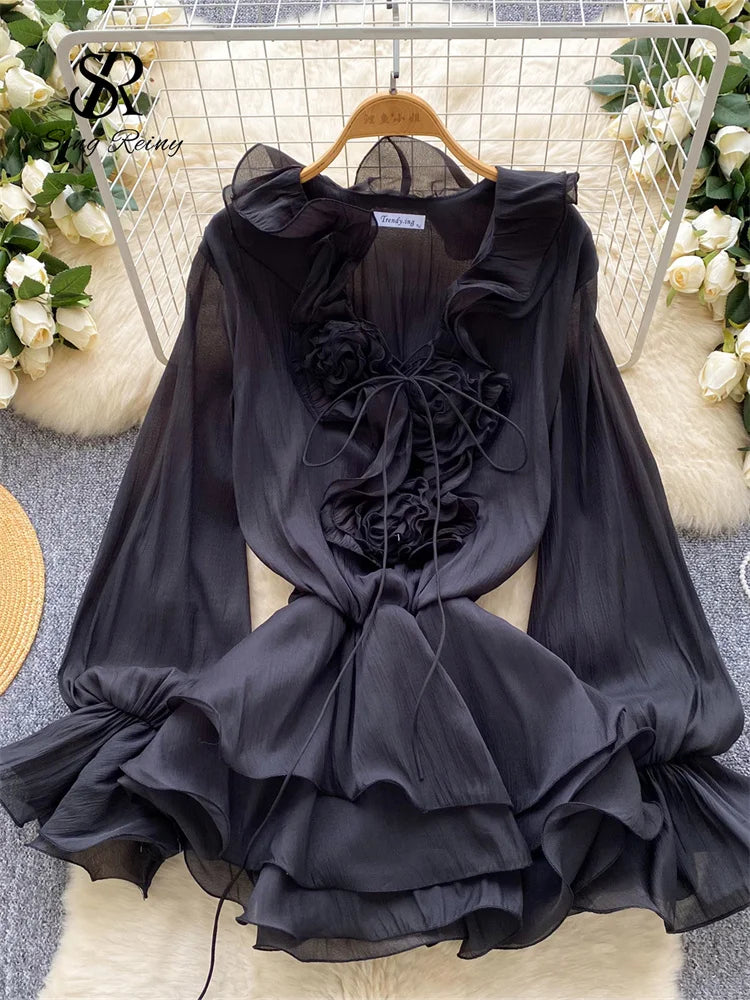 Women's 3D Floral Chiffon Dress - Long Sleeve Beach Sundress
