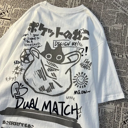 Japanese Retro Pocket Cat Print Oversized Tee