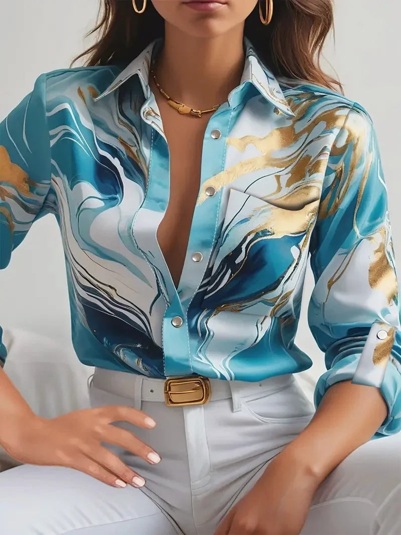 Print V-Neck Button Long Sleeve Blouse