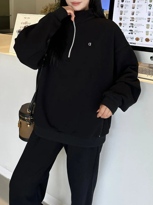 Women Casual Stand Up Collar Pullover Fashion Sports Fitness Hoodies Loose Long-Sleeved Zip Sweatshirt
