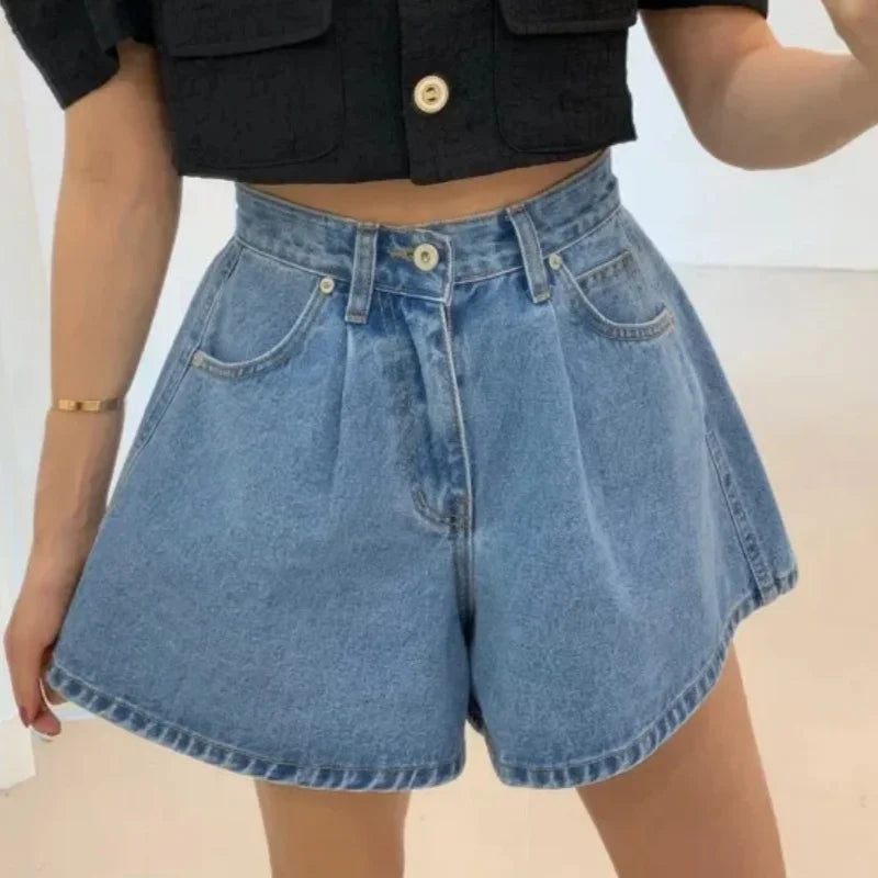 High Waist A-Line Wide Leg Denim Shorts
