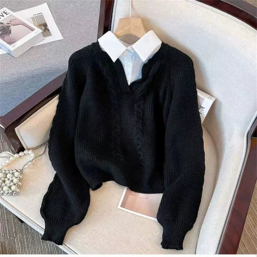 Turn-Down Collar Layered Knit Sweater Long Sleeve Slim Fit