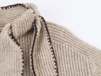 Bow Collar Knit Sweater Long Sleeve Regular Fit Pullover