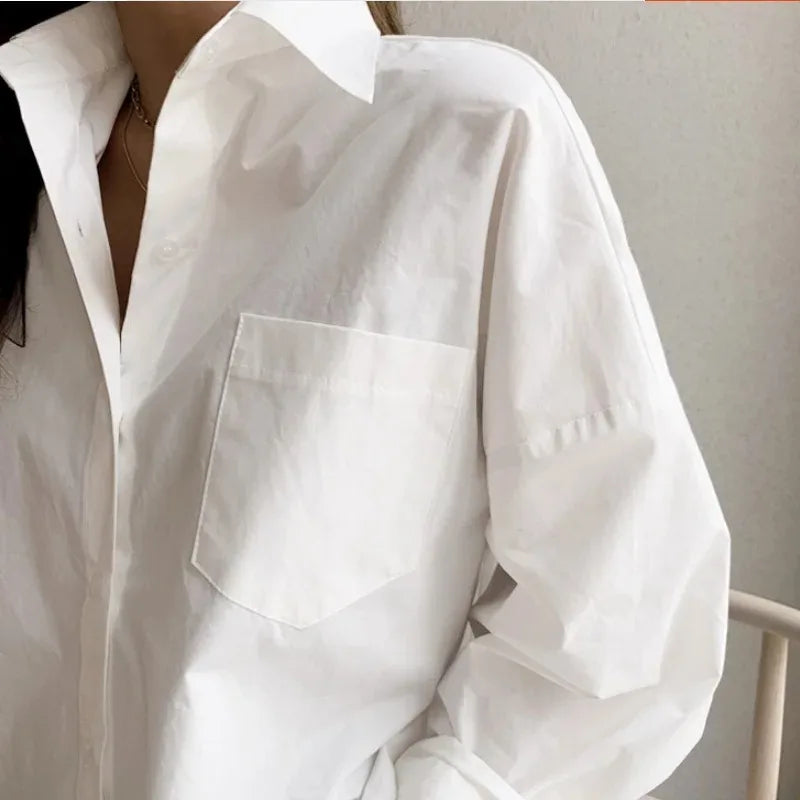 Turn-Down Collar Long Sleeve Cotton Blouse