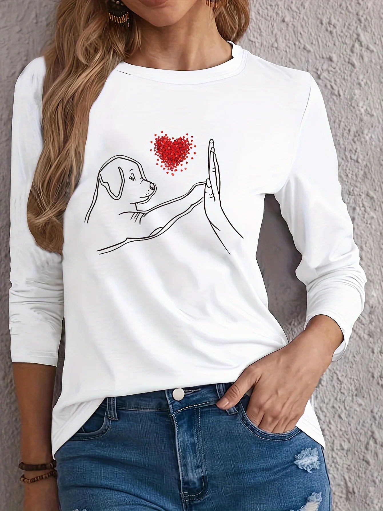100% Pure Cotton Cartoon Cat T-Shirt Women Long Sleeve Round Neck Loose Comfortable