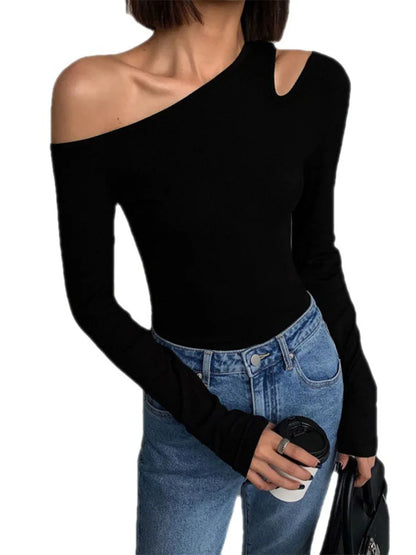 Skew Collar Off-Shoulder Hollow Out Long Sleeve Crop Top
