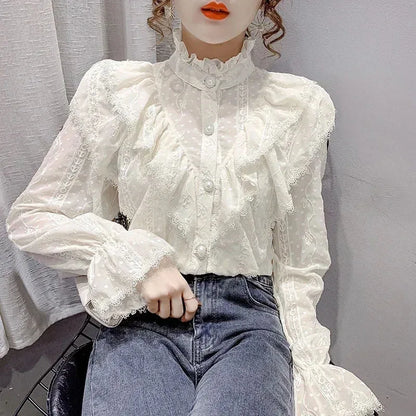 Elegant Stand Collar Pleated Tops Casual Ruffle Lace Blouse