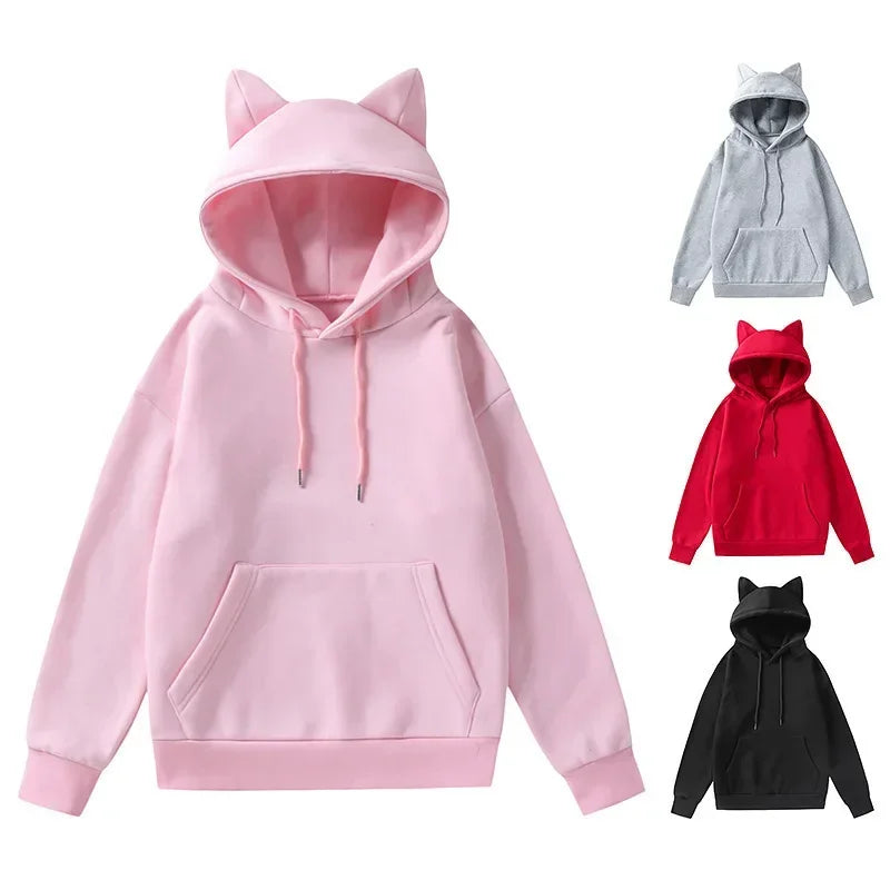 Cat Ear Hooded Fleece Sweater | Women's Cozy Autumn Winter Pullover