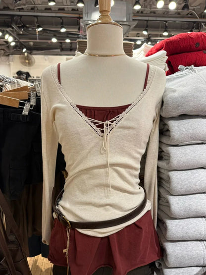 Bandage Lace Trim Long Sleeve T-shirt  Sexy V-neck Cotton Slim Tshirt Top Female Casual Simple Solid Elegant Woman's Tees