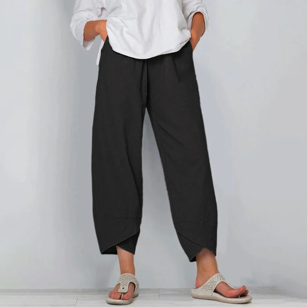 High Waist Harem Pants Cotton Linen Patchwork Pockets Loose Fit