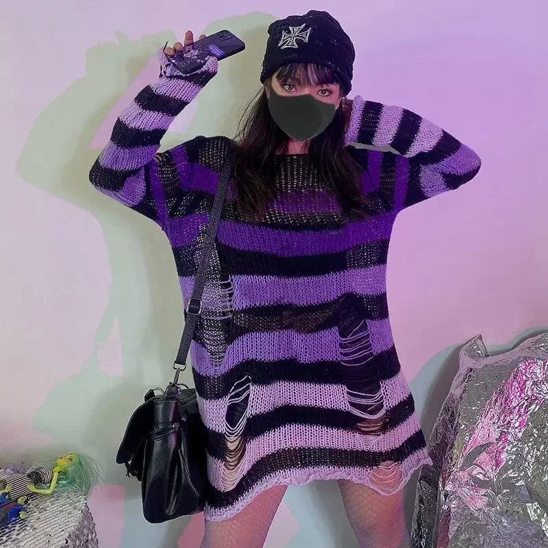 Round Neck Striped Ripped Knit Sweater Long Sleeve Loose Fit Pullover