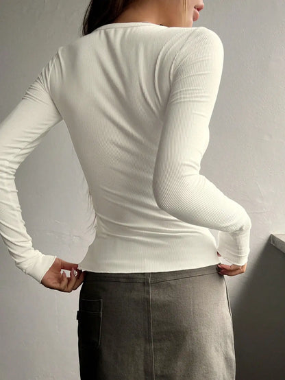 Ribbed Half Button Long Sleeve Tee