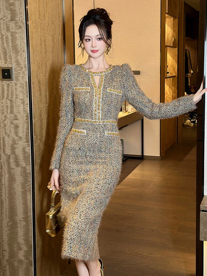 Women's Vintage Tweed Hollow Midi Dress