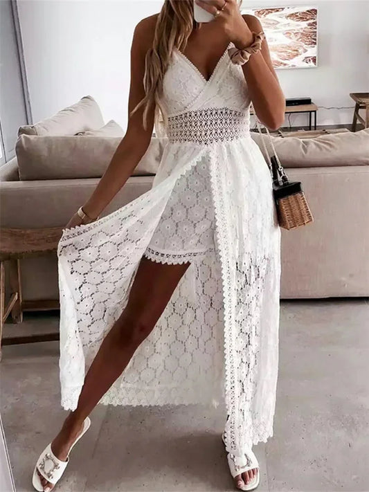 Lace Hollow Out Sleeveless Irregular Midi Dress
