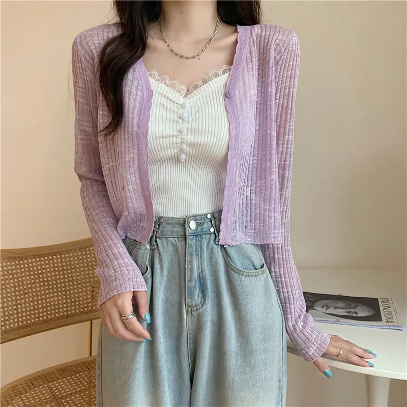Women's V-Neck Long Sleeve Ice Silk Knit Sheer Cardigan Top