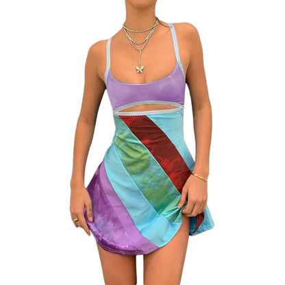 Women’s Casual Sweet Suspender A-line Dress Fashion Contrast Color U-neck Hollow Short Dress