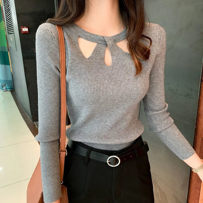 Round Neck Cut-Out Knit Sweater Long Sleeve Slim Fit Pullover