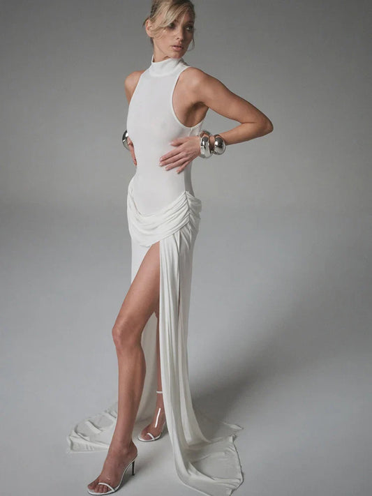 Turtleneck High Slit Sleeveless Sheer Maxi Dress