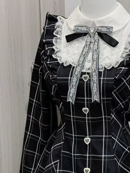 Japanese Lace Plaid Dress Kawaii Grunge Ruffled Long Sleeve Y2K JK Lolita