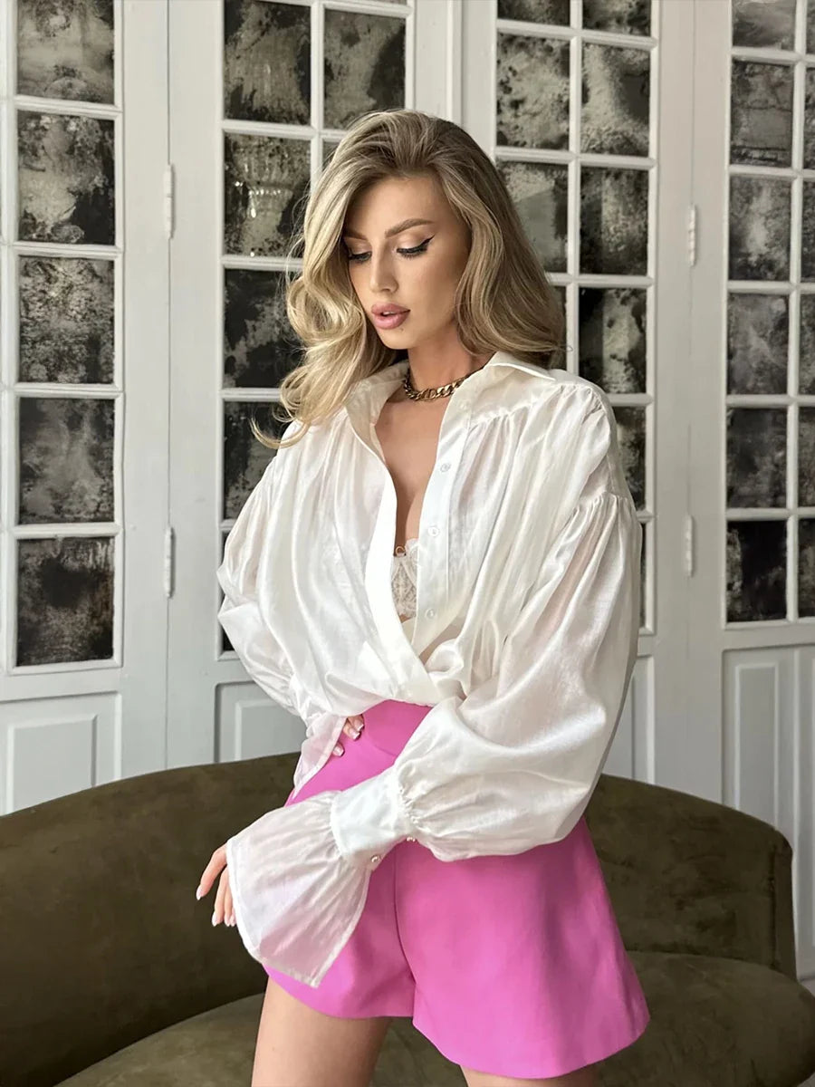 Turn-Down Collar Chiffon Shirt Long Sleeve Loose Fit Blouse
