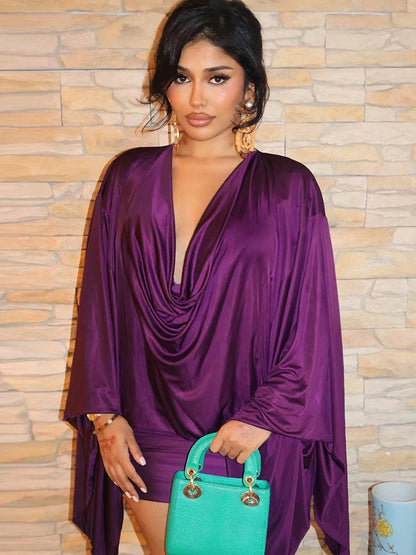 Elegant Satin V-Neck Dress Long Sleeve Asymmetrical Mini Y2K Bodycon
