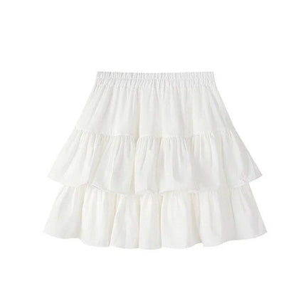 Pleated A-Line Skirt Women White Ruffle Sweet Tierred Pretty Style Skirt Elastic Waist Summer Slim Basic Korean Harajuku Dress