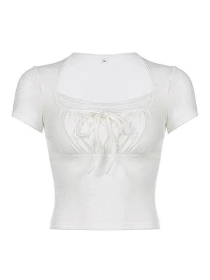 Square Neck Lace Trim Tie-Up Shirred Crop Top