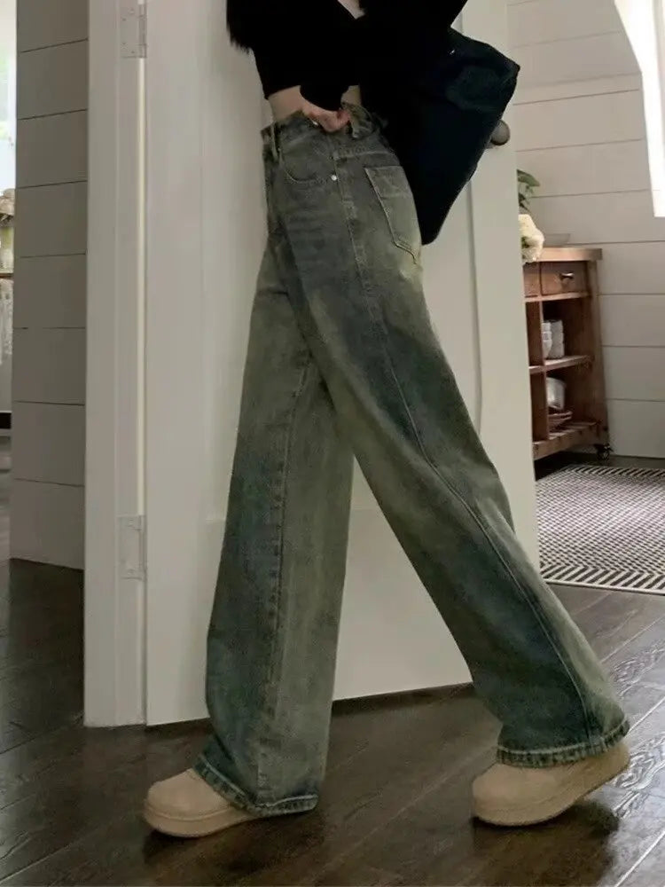 High Waist Wide Leg Jeans Vintage Straight Ankle Length Slimming