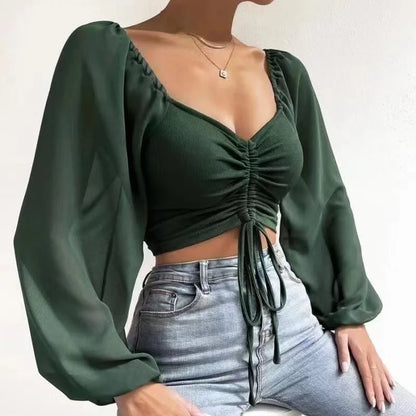 Chiffon Puff Sleeve V-Neck Shirring Top