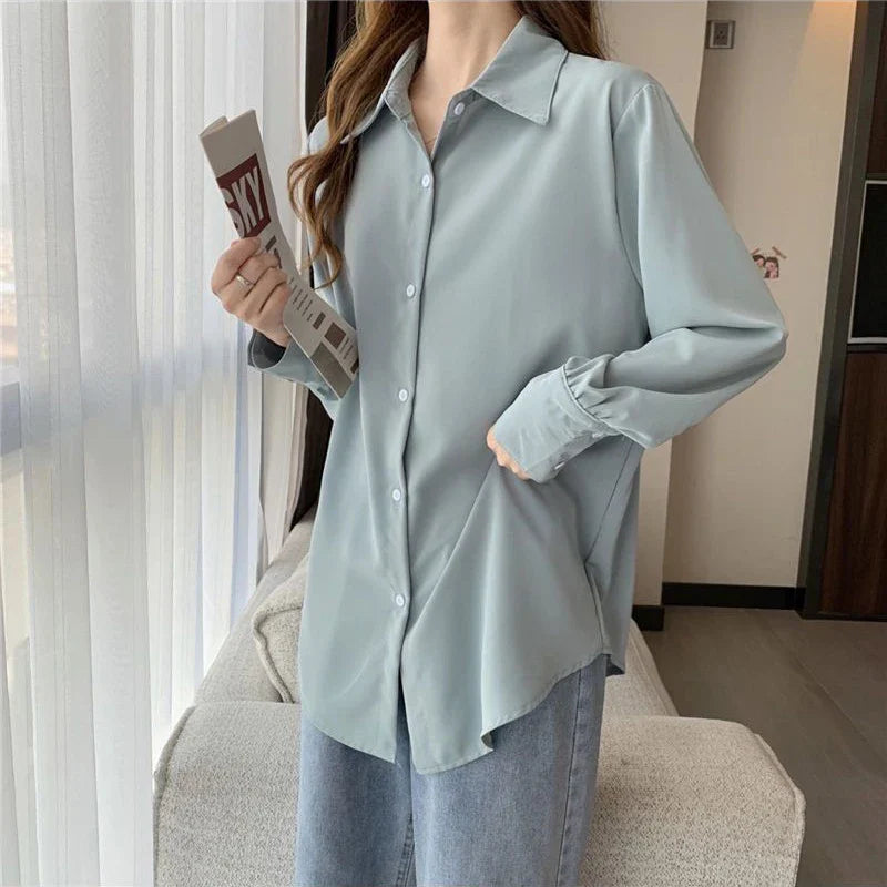 Women's Chiffon Button-Up Blouse - Loose Long Sleeve Shirt