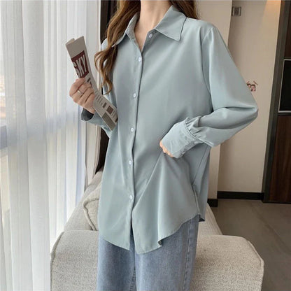 Women's Chiffon Button-Up Blouse - Loose Long Sleeve Shirt