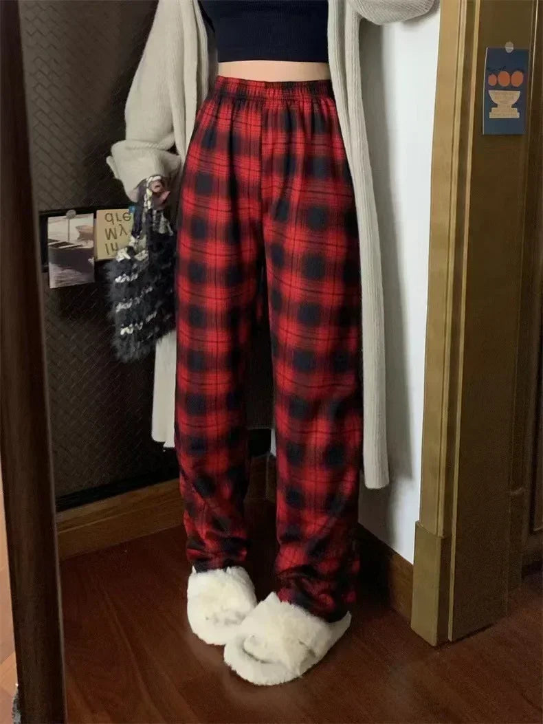 Plaid Wide Leg Plush Pants Warm Cashmere Loose Mid Waist Casual